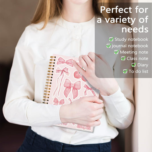 Cute Pink Bow Cherry Notebook Journal for Women Gifts, Coquette Pink Journaling Notebooks for Girls Work School Writing Study, Preppy Hard Cover Notebooks Journals for Girl Note Taking 5.5x8.3