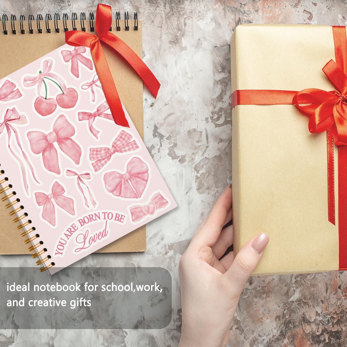 Cute Pink Bow Cherry Notebook Journal for Women Gifts, Coquette Pink Journaling Notebooks for Girls Work School Writing Study, Preppy Hard Cover Notebooks Journals for Girl Note Taking 5.5x8.3