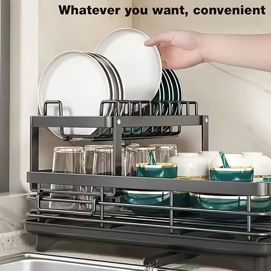 Double-layer Carbon Steel Large Dish Rack with Cutlery, Cup Holder And Drain Board, Space-saving And Durable And Rust-resistant, Suitable for Large Family Gatherings Such As Christmas, Halloween And Black Friday, The First Choice for Gifts