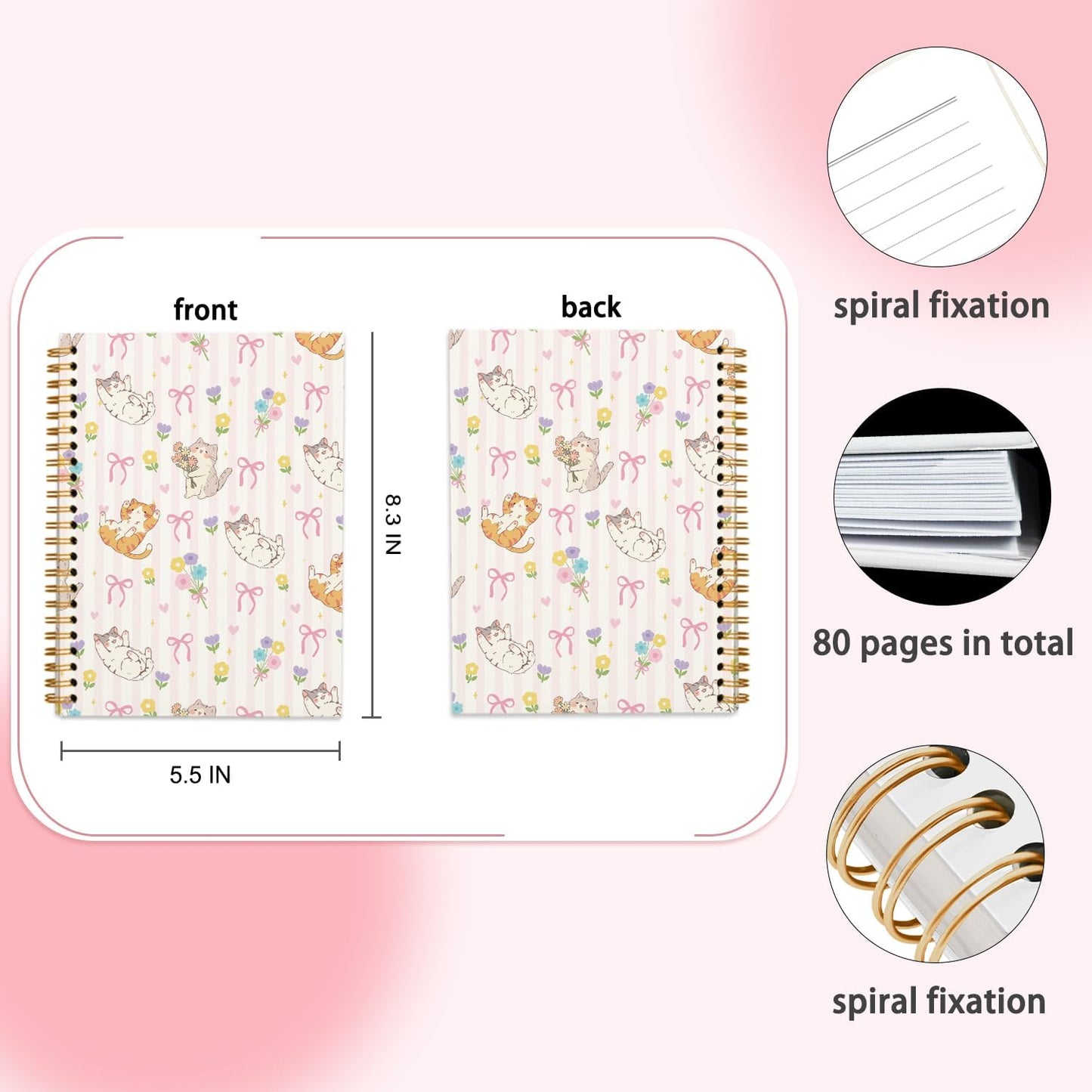 Cute Pink Preppy Cat Journal Notebook, Journaling Notebooks for Women Girls Work School Office Supplies, Gifts for Cat Lovers, Hardcover Journal Lined Notebook Spiral, 5.5x8.3