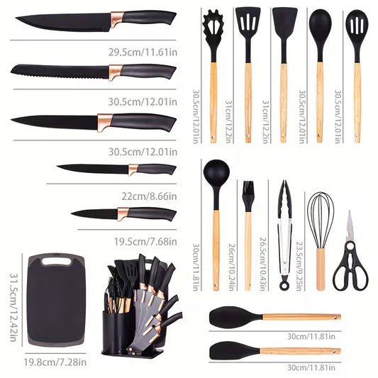 Kitchen Knife Set | 19pcs Premium Silicone Kitchen Utensil & Knife Set - Heat-Resistant, Non-Stick Safe Cooking Tools With Wooden Handles & Chef Knives - Includes Storage Stand | Perfect Gift For Christmas Day, Halloween, Suitable For Home Dormitory