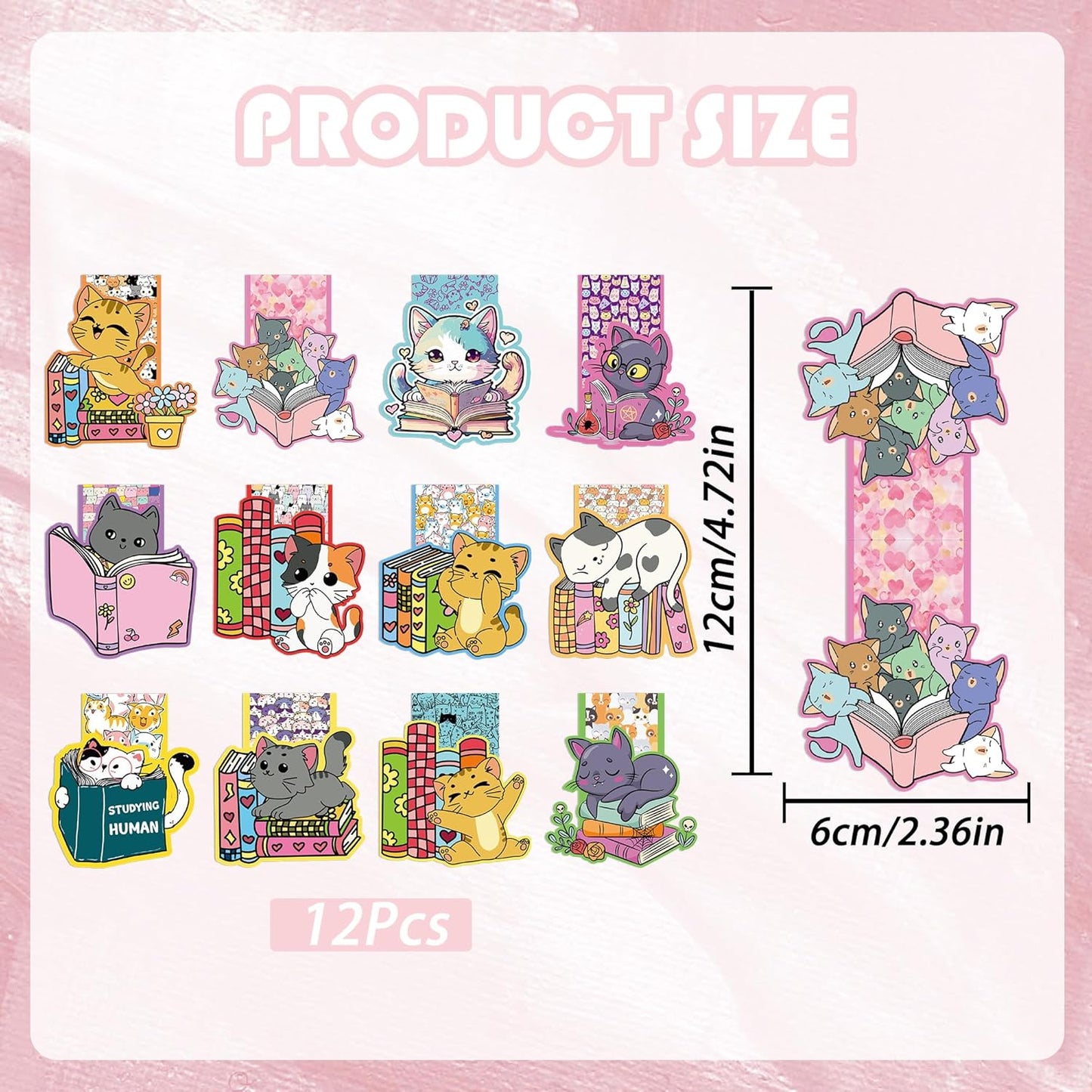 12 Pcs Cute Cat Magnetic Bookmarks, Magnet Book Mark Clips for Reading Men Women Book Lovers, Fun Page Markers for Students Teachers Christmas Gifts Classroom Rewards