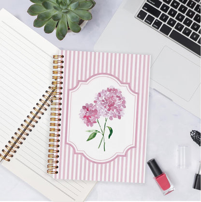Preppy Pink Hydrangea Notebooks, Pink and White Stripes Girly Floral Journal, Aesthetic Hydrangea Flower Spiral Notebooks Journal for School, Girly Office Supplies, 5.5x8.3 Inch