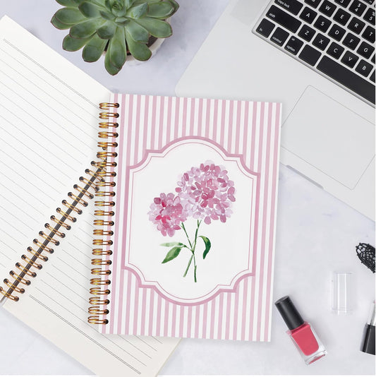 Preppy Pink Hydrangea Notebooks, Pink and White Stripes Girly Floral Journal, Aesthetic Hydrangea Flower Spiral Notebooks Journal for School, Girly Office Supplies, 5.5x8.3 Inch