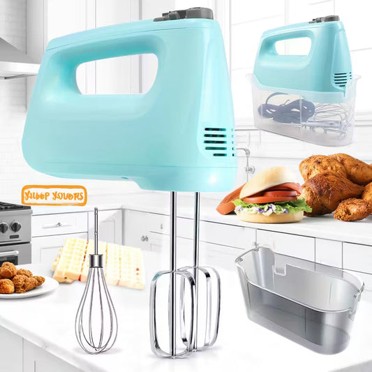 Hand Mixer, Handheld Mixer With Storage Case 5-Speed Plus Turbo Hand Mixer Electric With 5 Stainless Steel Attachments(2 Beaters, 2 Dough Hooks And 1 Whisk), Silver.