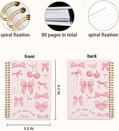 Cute Pink Bow Cherry Notebook Journal for Women Gifts, Coquette Pink Journaling Notebooks for Girls Work School Writing Study, Preppy Hard Cover Notebooks Journals for Girl Note Taking 5.5x8.3