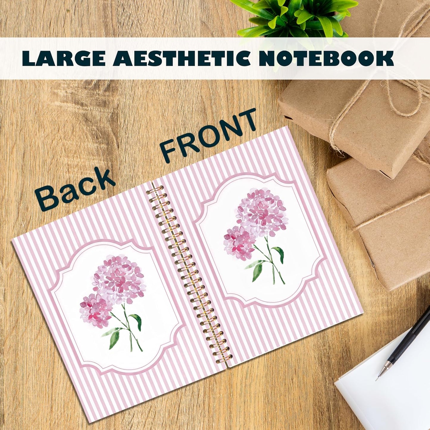 Preppy Pink Hydrangea Notebooks, Pink and White Stripes Girly Floral Journal, Aesthetic Hydrangea Flower Spiral Notebooks Journal for School, Girly Office Supplies, 5.5x8.3 Inch