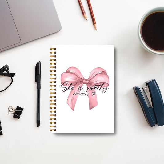 Coquette Pink Bow Christian Notebook, Proverbs 31 Woman Bible Journal, Religious Prayer Journal for Woman, Church Notes Notebook, Scripture Hardcover Spiral Notebooks 5.5x8.3 Inch