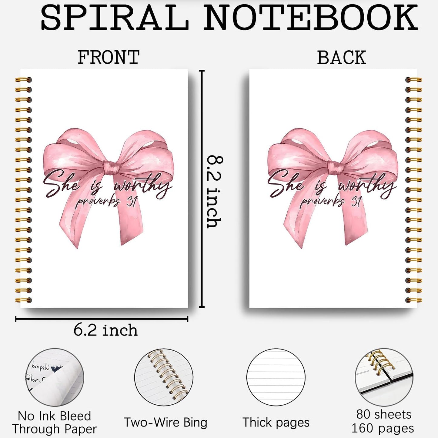 Coquette Pink Bow Christian Notebook, Proverbs 31 Woman Bible Journal, Religious Prayer Journal for Woman, Church Notes Notebook, Scripture Hardcover Spiral Notebooks 5.5x8.3 Inch
