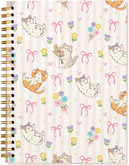 Cute Pink Preppy Cat Journal Notebook, Journaling Notebooks for Women Girls Work School Office Supplies, Gifts for Cat Lovers, Hardcover Journal Lined Notebook Spiral, 5.5x8.3