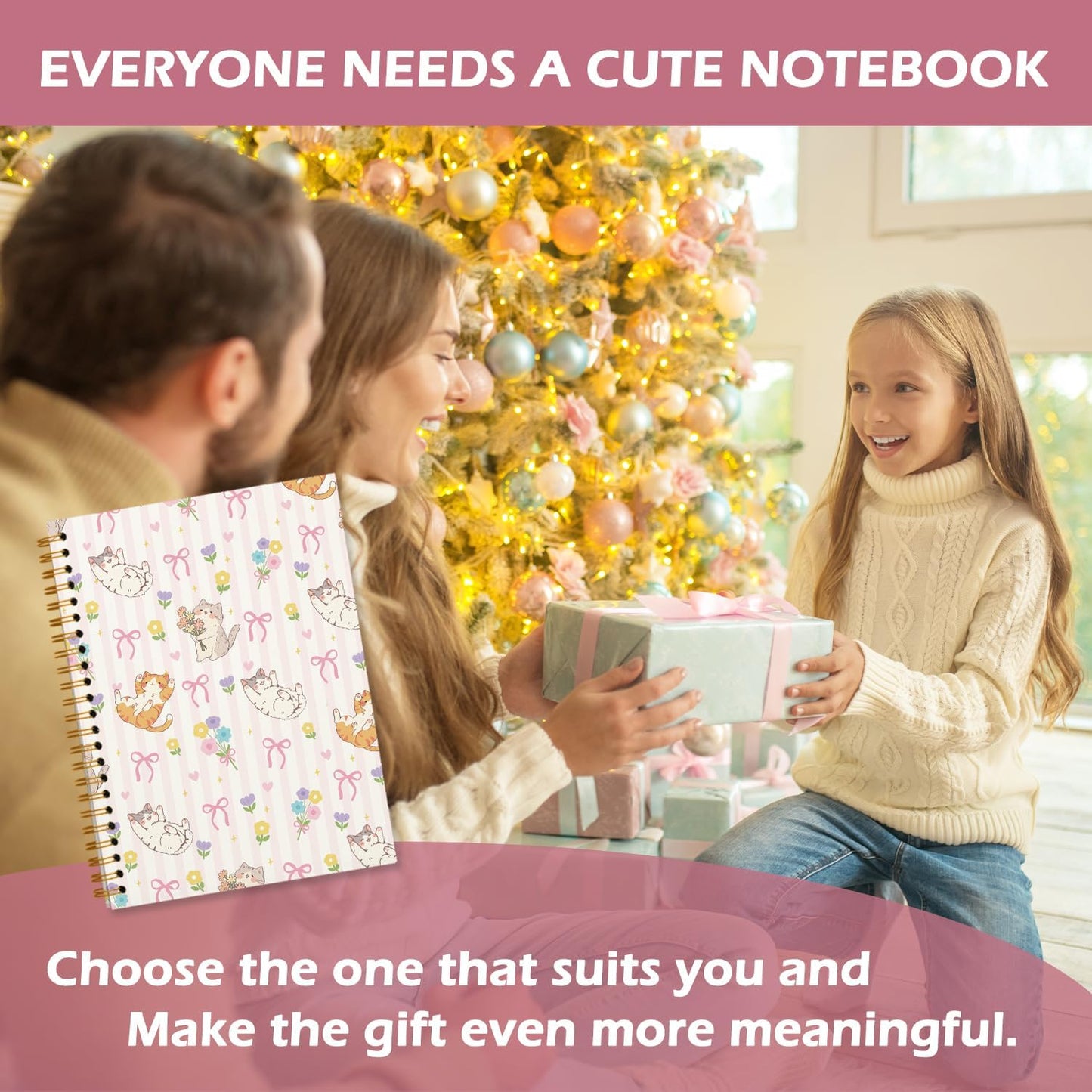 Cute Pink Preppy Cat Journal Notebook, Journaling Notebooks for Women Girls Work School Office Supplies, Gifts for Cat Lovers, Hardcover Journal Lined Notebook Spiral, 5.5x8.3