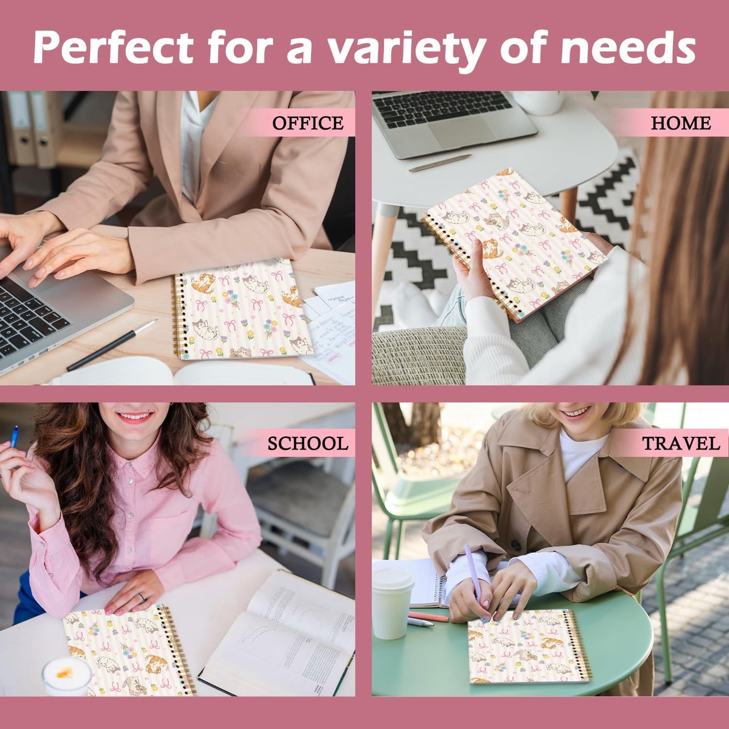 Cute Pink Preppy Cat Journal Notebook, Journaling Notebooks for Women Girls Work School Office Supplies, Gifts for Cat Lovers, Hardcover Journal Lined Notebook Spiral, 5.5x8.3