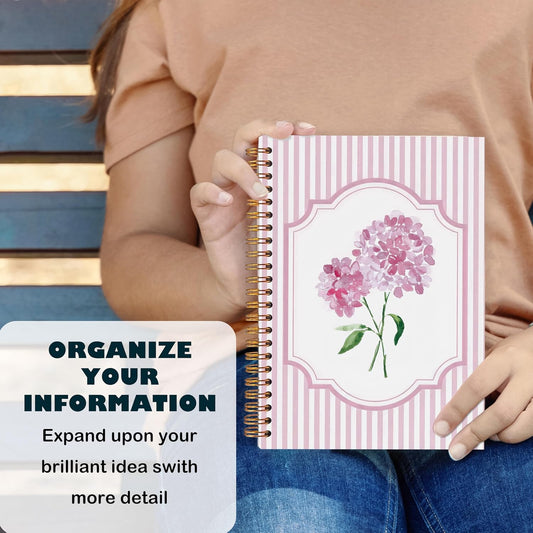 Preppy Pink Hydrangea Notebooks, Pink and White Stripes Girly Floral Journal, Aesthetic Hydrangea Flower Spiral Notebooks Journal for School, Girly Office Supplies, 5.5x8.3 Inch