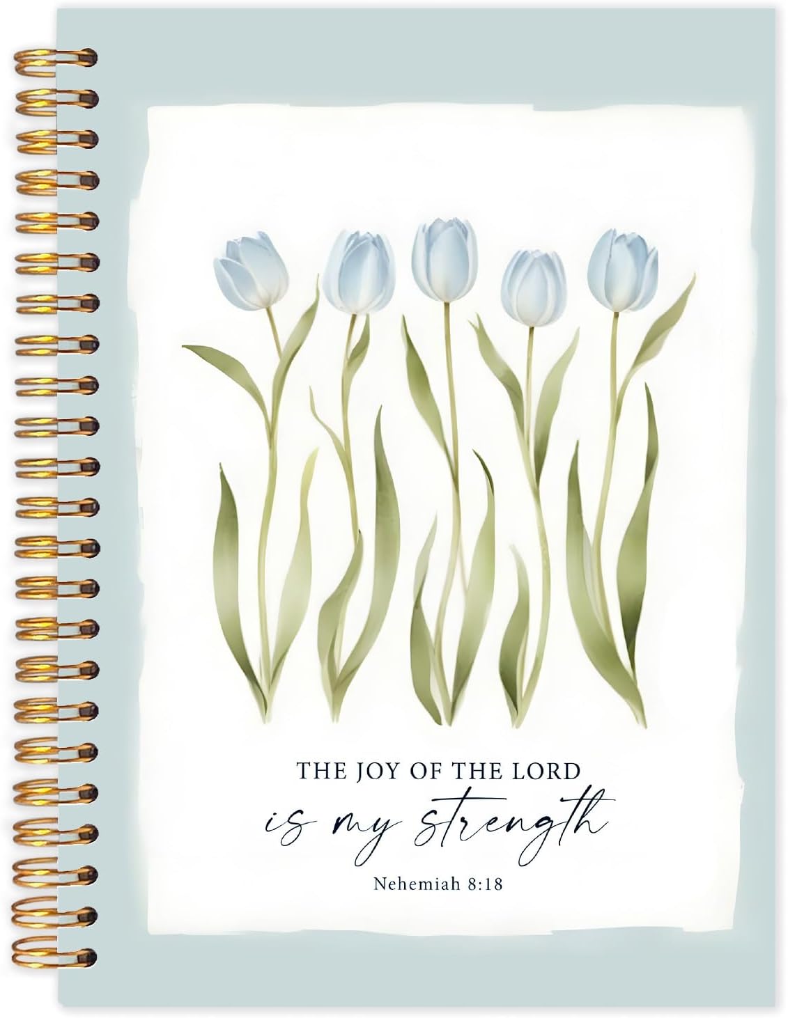Blue Tulip Floral Christian Spiral Notebooks, Nehemiah 8:18 Bible Verses Journaling Notebook, Religious Notebook for Note Taking, Christian Gifts for Women, Scripture Journal, 5.5x8.3 Inch