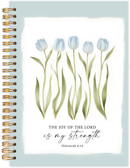 Blue Tulip Floral Christian Spiral Notebooks, Nehemiah 8:18 Bible Verses Journaling Notebook, Religious Notebook for Note Taking, Christian Gifts for Women, Scripture Journal, 5.5x8.3 Inch