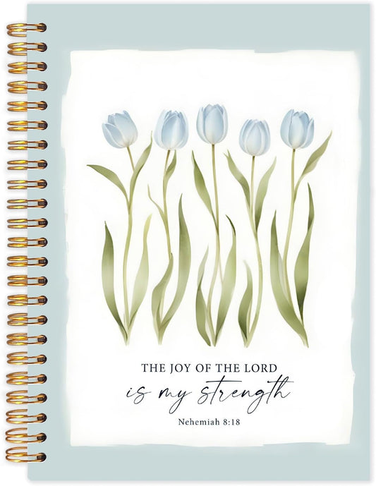 Blue Tulip Floral Christian Spiral Notebooks, Nehemiah 8:18 Bible Verses Journaling Notebook, Religious Notebook for Note Taking, Christian Gifts for Women, Scripture Journal, 5.5x8.3 Inch