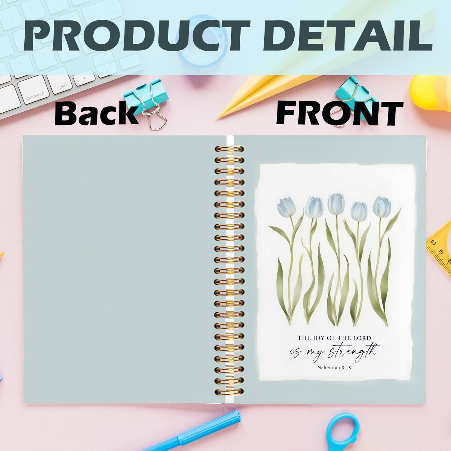 Blue Tulip Floral Christian Spiral Notebooks, Nehemiah 8:18 Bible Verses Journaling Notebook, Religious Notebook for Note Taking, Christian Gifts for Women, Scripture Journal, 5.5x8.3 Inch