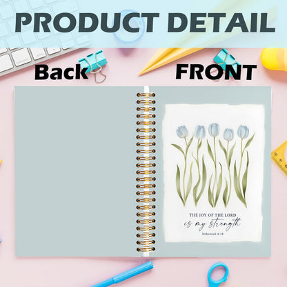 Blue Tulip Floral Christian Spiral Notebooks, Nehemiah 8:18 Bible Verses Journaling Notebook, Religious Notebook for Note Taking, Christian Gifts for Women, Scripture Journal, 5.5x8.3 Inch