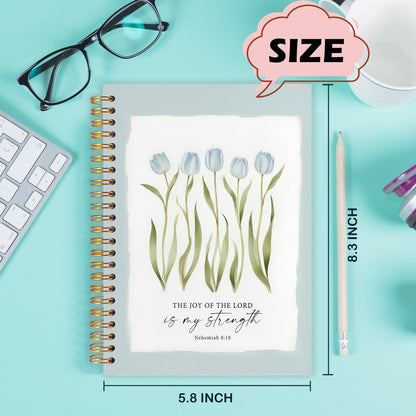 Blue Tulip Floral Christian Spiral Notebooks, Nehemiah 8:18 Bible Verses Journaling Notebook, Religious Notebook for Note Taking, Christian Gifts for Women, Scripture Journal, 5.5x8.3 Inch