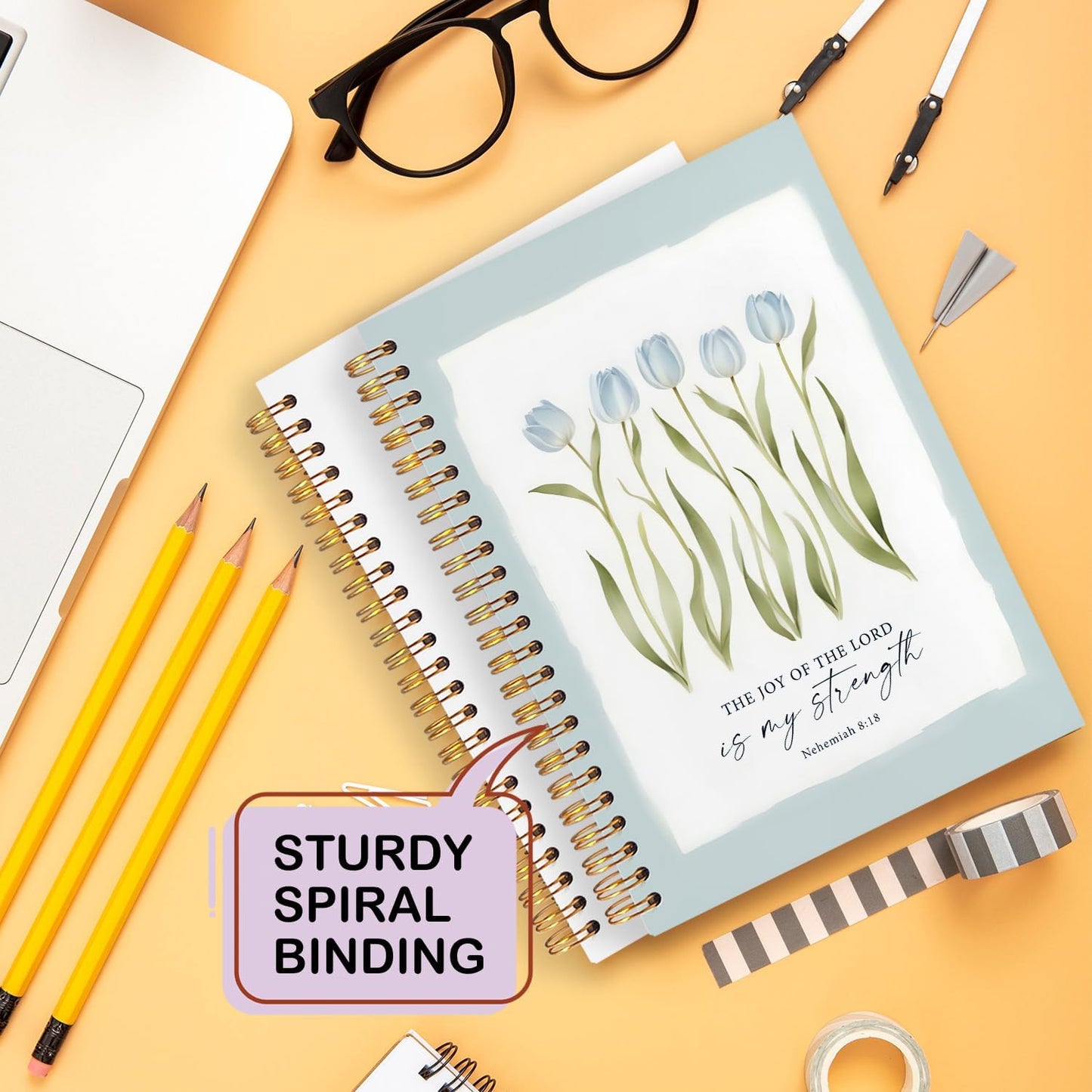 Blue Tulip Floral Christian Spiral Notebooks, Nehemiah 8:18 Bible Verses Journaling Notebook, Religious Notebook for Note Taking, Christian Gifts for Women, Scripture Journal, 5.5x8.3 Inch