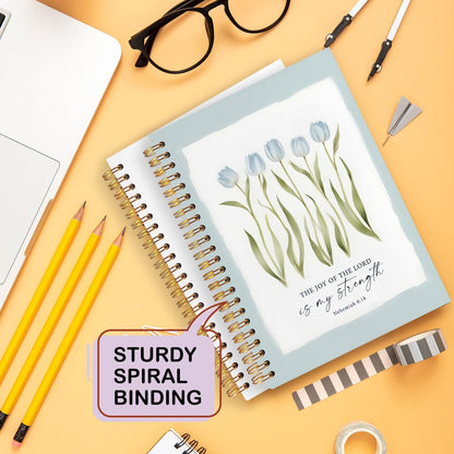 Blue Tulip Floral Christian Spiral Notebooks, Nehemiah 8:18 Bible Verses Journaling Notebook, Religious Notebook for Note Taking, Christian Gifts for Women, Scripture Journal, 5.5x8.3 Inch