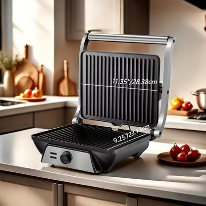 in-1 Electric Indoor Grill & Panini Press with Non-Stick Plates, 180° Opening Angle, Floating Hinge & Grease Tray - 304 Stainless Steel Sandwich Maker with Preheat Indicator Light, Compact Design for Burgers, Steaks, Chicken - All-in-One Appliance