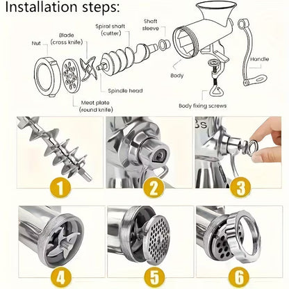 Manual Meat Grinder with Table Clamp - Heavy-Duty Stainless Steel Hand Crank Food Processor, No Electricity Needed, for Ground Meat, Vegetables, Spices