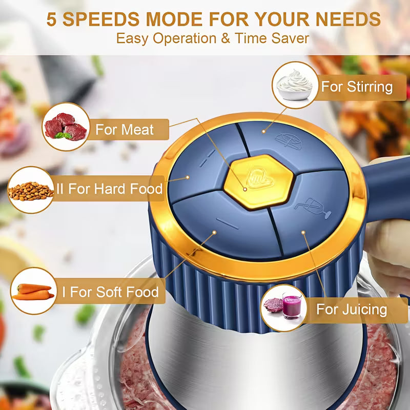 1.32gal Large Capacity Electric Food Processor & Meat Grinder - Heavy-Duty Stainless Steel Chopper with 40,000 RPM Motor, 5-Speed Settings, Bi-Level Blades, Vegetable Slicer for Kitchen - Compatible with Plug (for Vegetables, Fruits, Meat, Nuts)