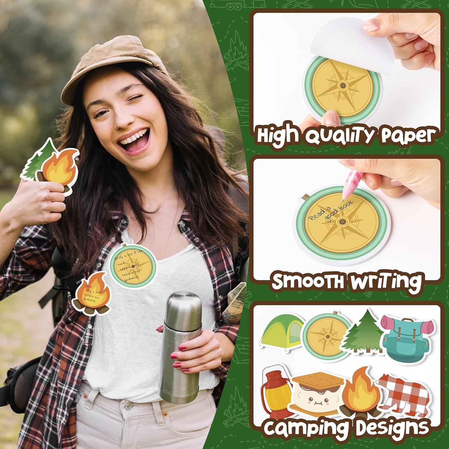 24 Pcs Camping Sticky Notes Outdoor Adventure Travel Self-Stick Adhesive Memo Pads Hiking Tent Smores Writing Notepads Gifts School Office Stationery Supplies for Camper Kids Students, 480 Sheets