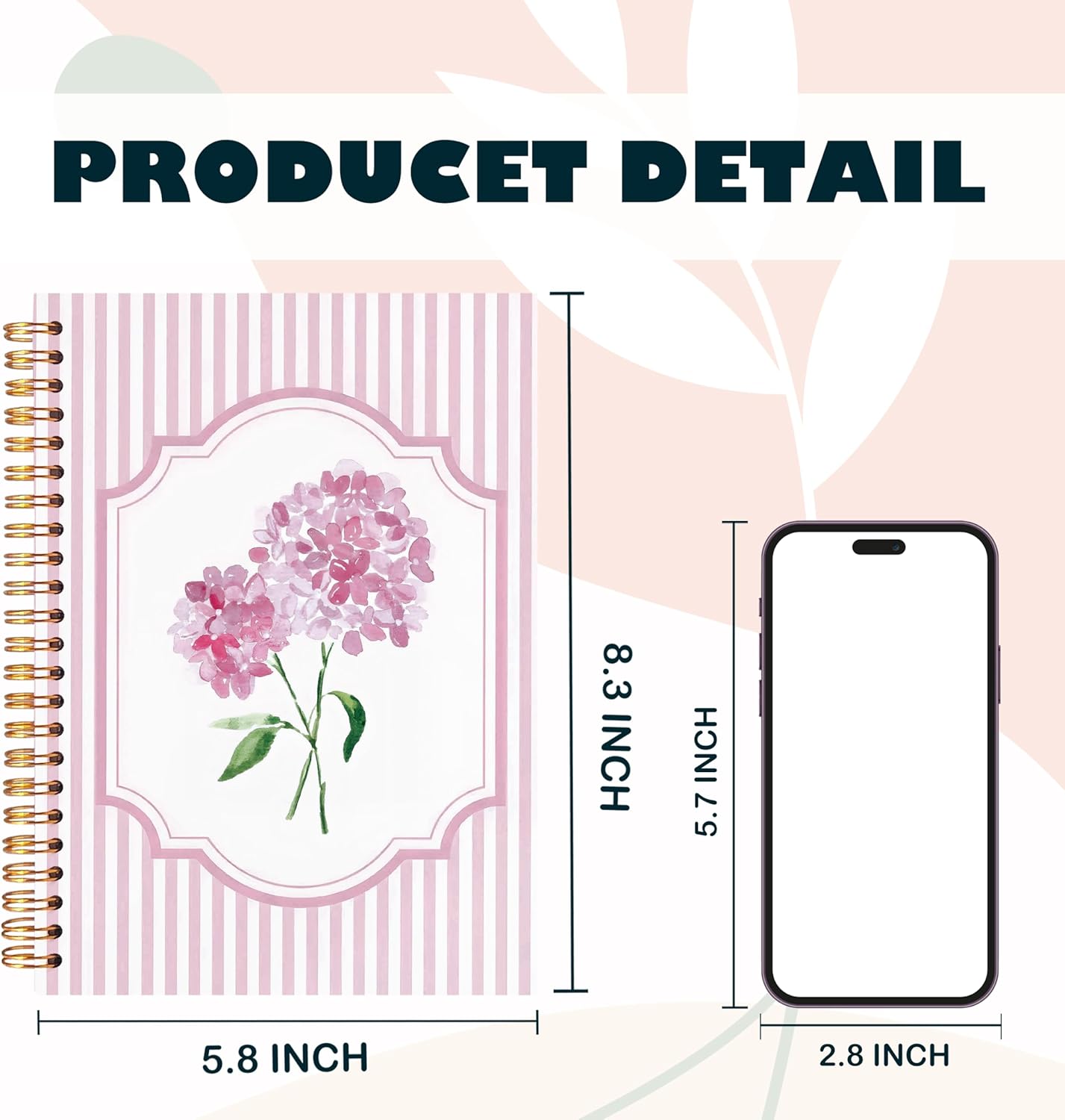 Preppy Pink Hydrangea Notebooks, Pink and White Stripes Girly Floral Journal, Aesthetic Hydrangea Flower Spiral Notebooks Journal for School, Girly Office Supplies, 5.5x8.3 Inch