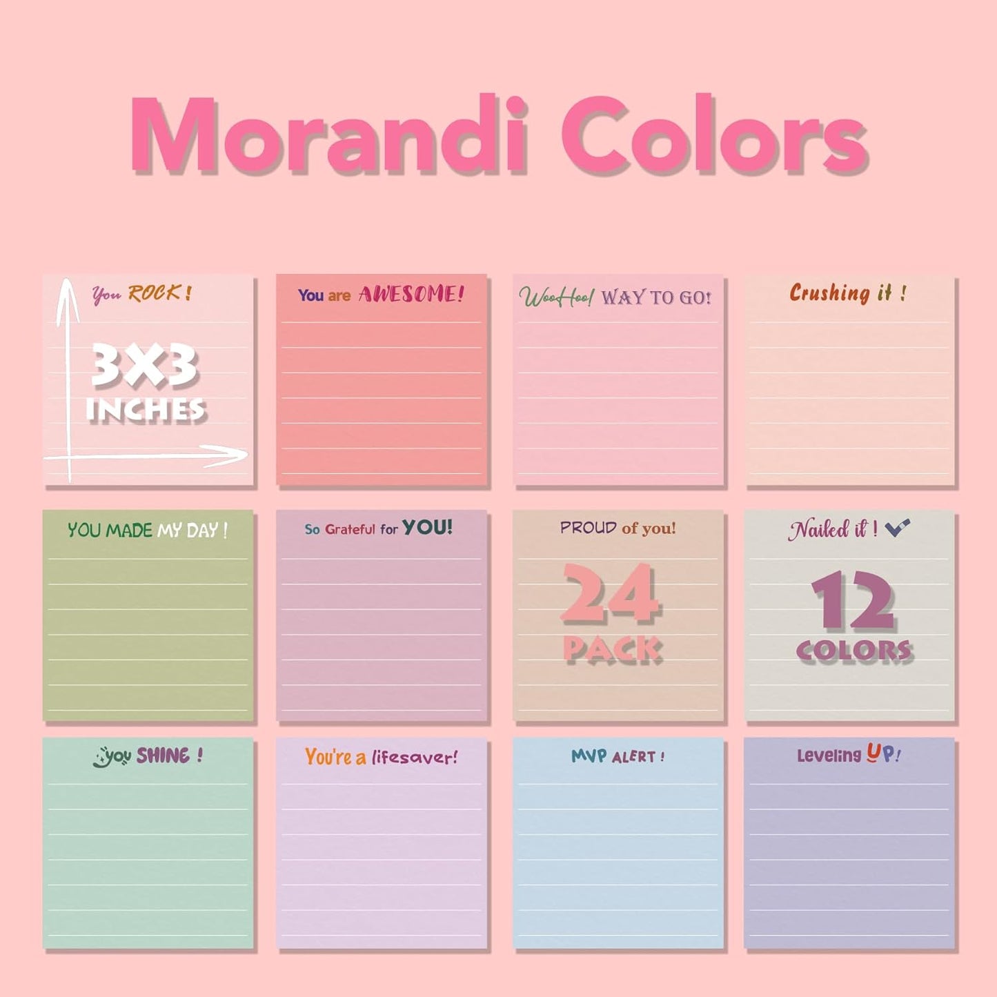 24 Pcs Inspirational Sticky Notes Christmas Stocking Stuffers Motivational Stick Notepads Cute Employee Appreciation Bulk Gifts for Nurse Teacher Coworkers Office Supplies 3 x 3'' (Morandi Color)