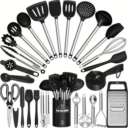Kitchen Utensils Set-34pcs Silicone Cooking Utensils Set for Nonstick Cookware-Silicone Spatulas Set, Stainless Steel Handle-Black Kitchen Gadgets Tools, Pots And Pans Accessories, SKROAM father gift