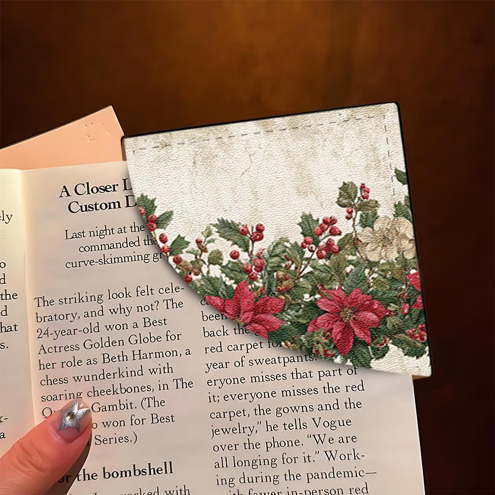 2 PC Bookmark 3.54 x 3.54 Inch Poinsettia and Holly Christmas Design Reading Page Marker Set with Red Floral Pattern for Students Teachers and Book Lovers Holiday Gift for Study Reading