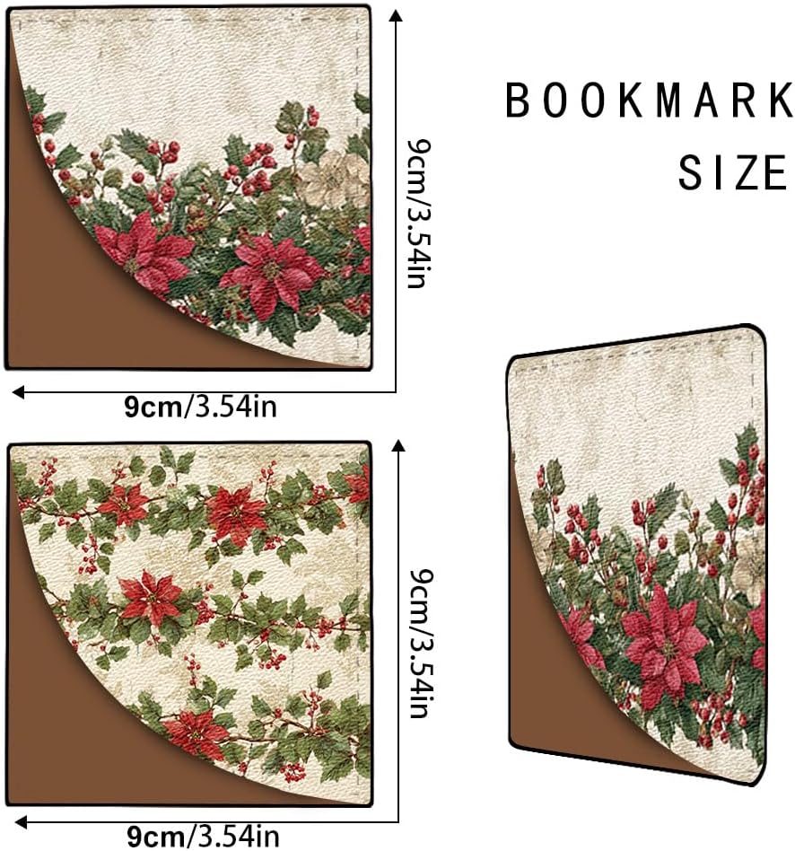 2 PC Bookmark 3.54 x 3.54 Inch Poinsettia and Holly Christmas Design Reading Page Marker Set with Red Floral Pattern for Students Teachers and Book Lovers Holiday Gift for Study Reading