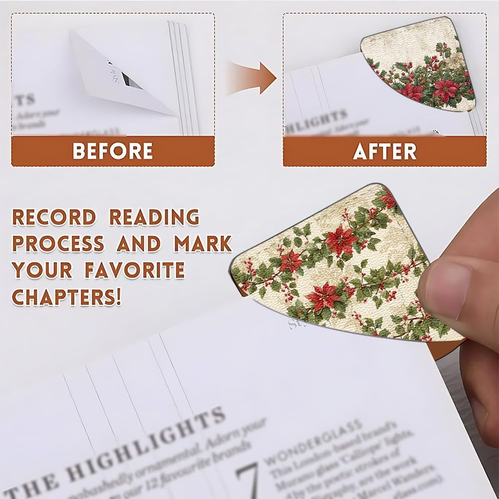 2 PC Bookmark 3.54 x 3.54 Inch Poinsettia and Holly Christmas Design Reading Page Marker Set with Red Floral Pattern for Students Teachers and Book Lovers Holiday Gift for Study Reading